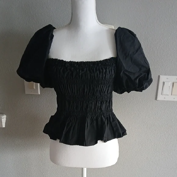 Astr Medium Black Puff Sleeve Top Shomocked Ruffle 80s Vibe Summer - Picture 2 of 4